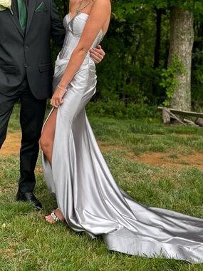 Sherri Hill Strapless Metallic Silver Corset Evening Gown